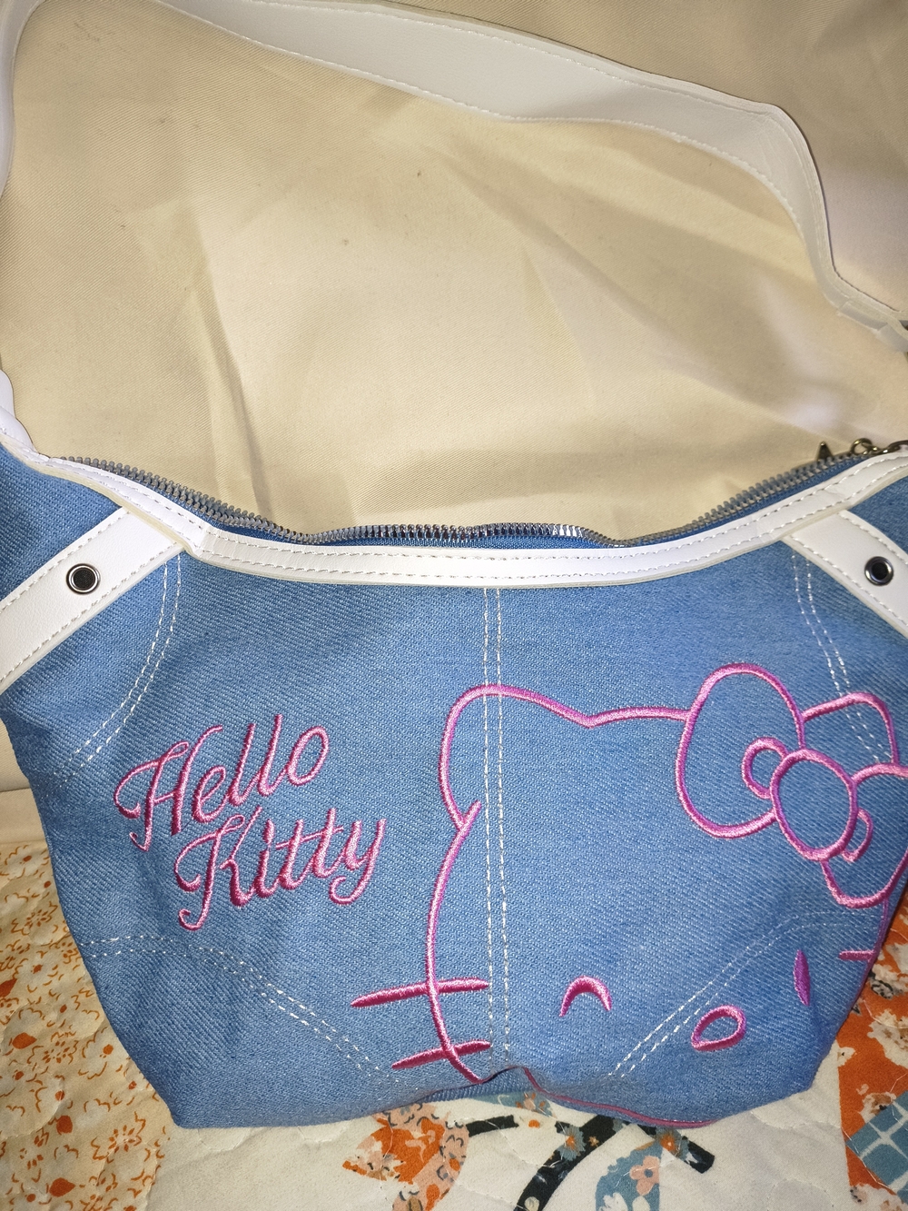 Hello Kitty Denim Shoulder Bag in Blue with Pink Embroidery